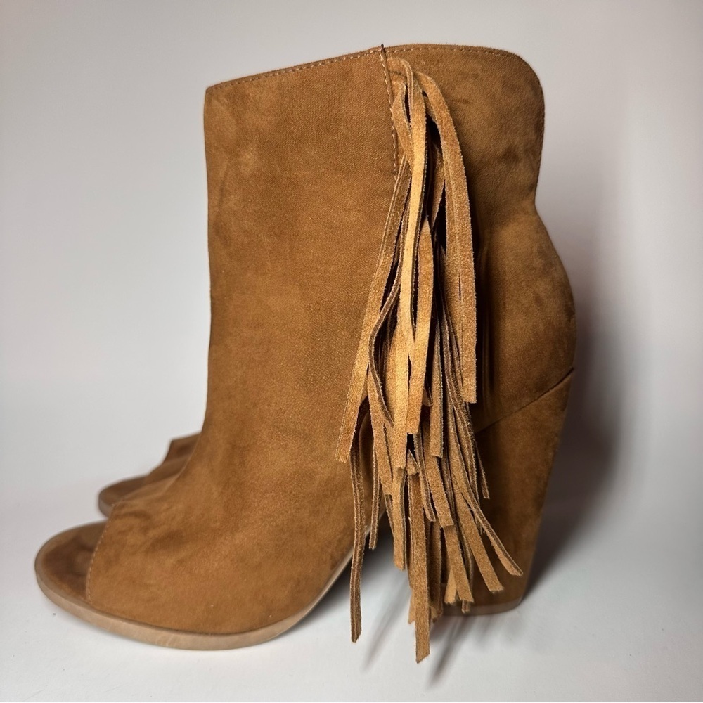 DV Dolce Vita Boots Womens 7.5 Fringe Booties Brown Leather Peep Toe Heeled Boho - Picture 6 of 12